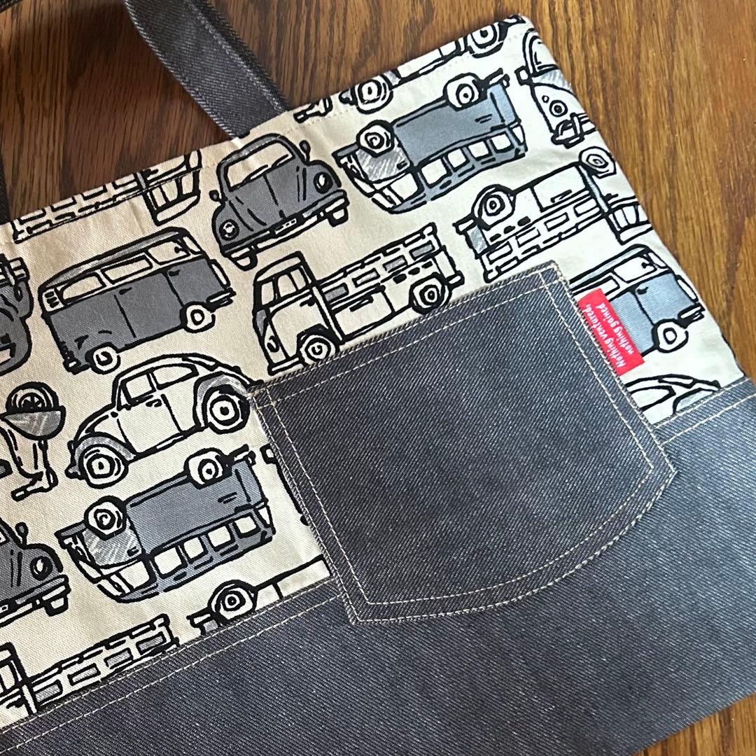 ＊入園入学準備5点セット＊モノクロで可愛いレトロな自動車柄　グレーデニム　赤タグ