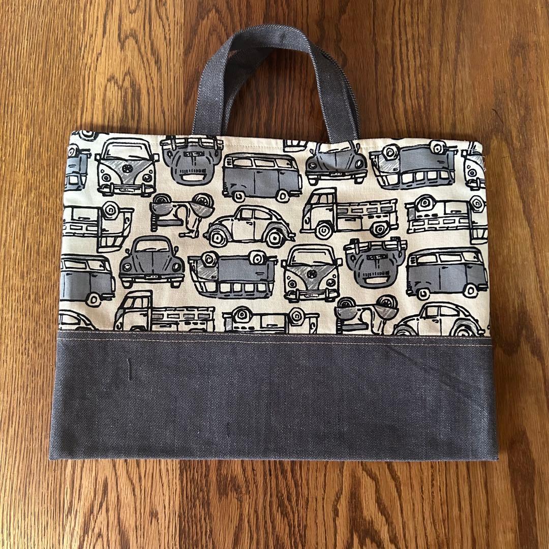 ＊入園入学準備5点セット＊モノクロで可愛いレトロな自動車柄　グレーデニム　赤タグ