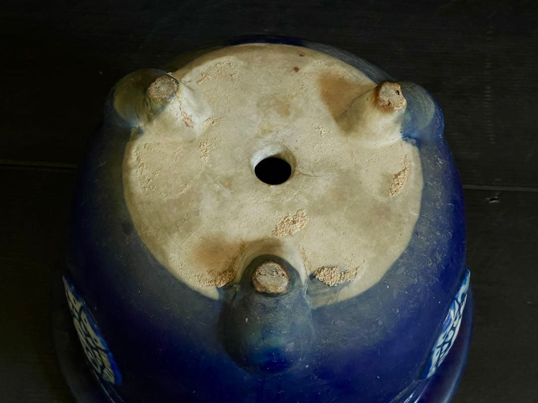 『母』 尾張焼 瑠璃釉 丸紋 植木鉢 瀬戸 明治時代（219D①）