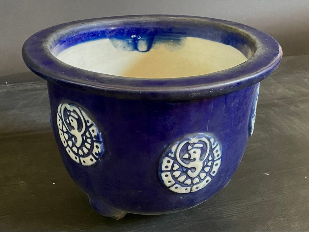 『母』 尾張焼 瑠璃釉 丸紋 植木鉢 瀬戸 明治時代（219D①）