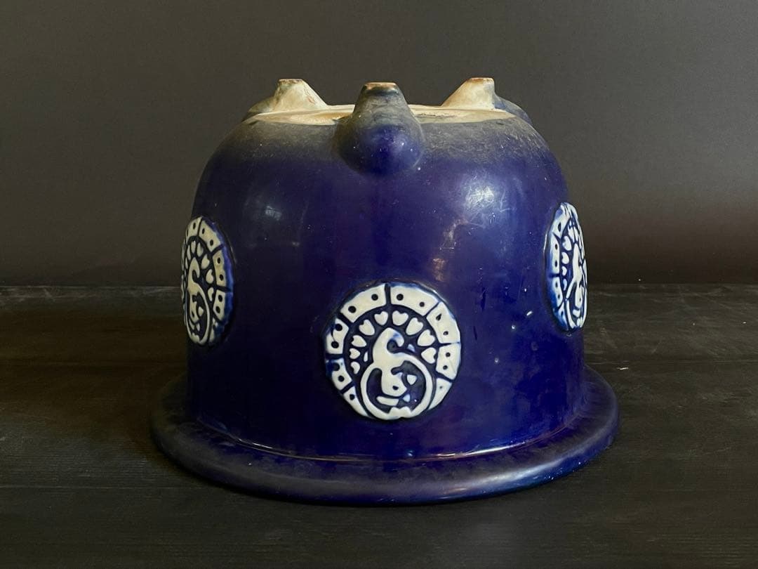 『母』 尾張焼 瑠璃釉 丸紋 植木鉢 瀬戸 明治時代（219D①）