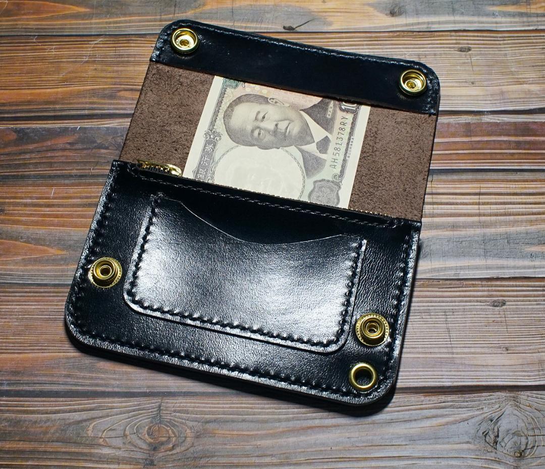 ミドルトラッカーウォレット　馬革 茶芯ブラック　真鍮 トラッカーウォレット