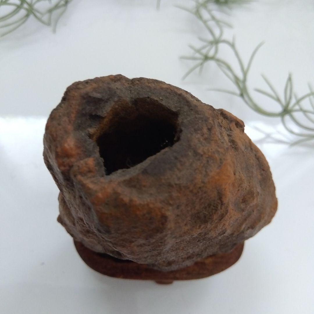 自然石 水石 木製台座付き 約8cm高 自然の穴あり 壺石　一輪挿し