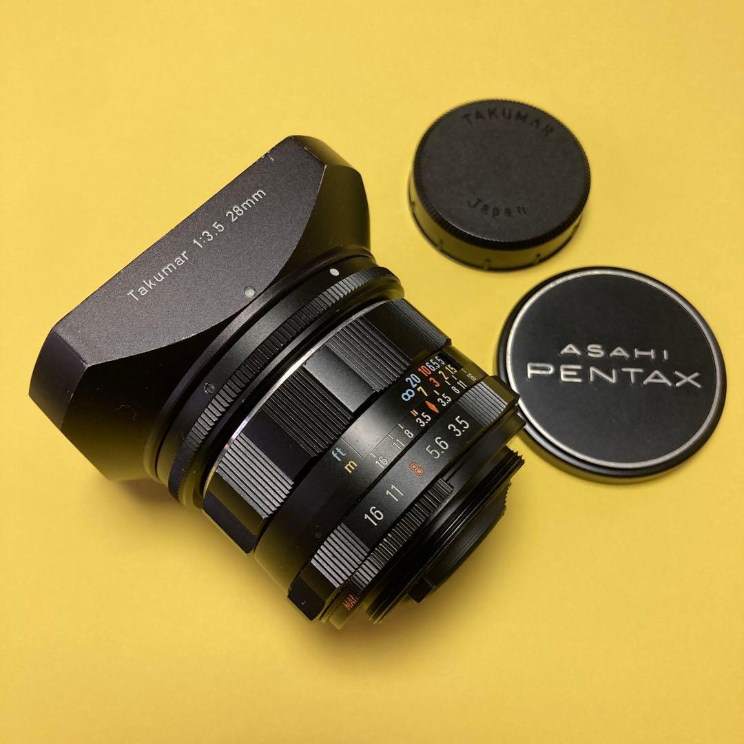 整備済美品 M42 TAKUMAR 28mm F3.5 純正角型フード タクマー