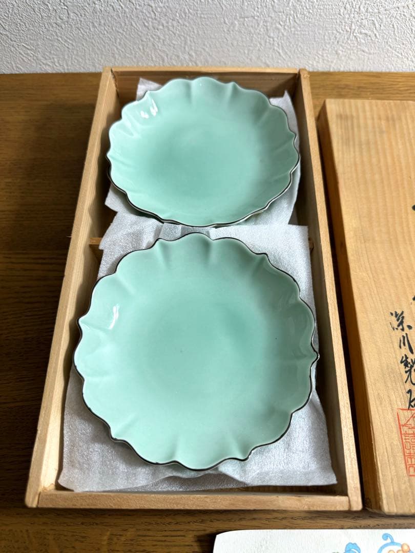 深川製磁、百年庵、笹青磁　4号皿揃　4枚セット