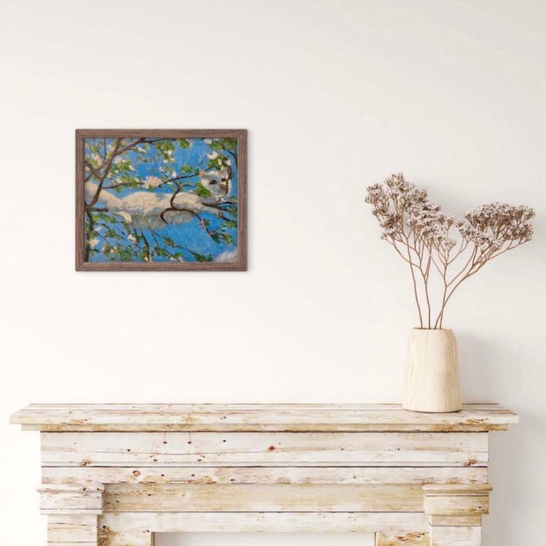 白猫と花の木 F3 油彩画 油絵 絵画