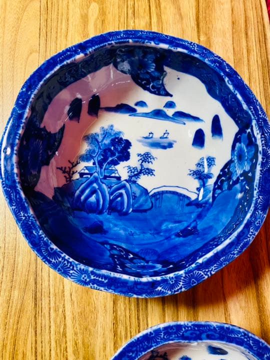 古伊万里　山水染付　メダカ鉢　骨董　ベロ藍　組鉢　2点