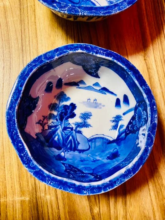 古伊万里　山水染付　メダカ鉢　骨董　ベロ藍　組鉢　2点