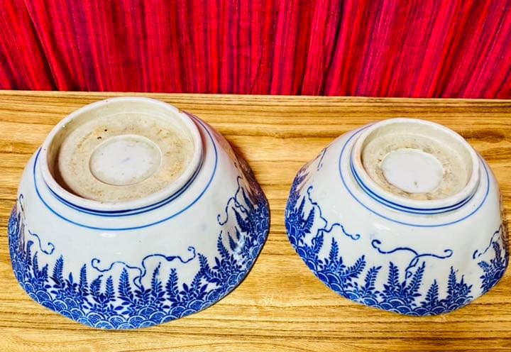 古伊万里　山水染付　メダカ鉢　骨董　ベロ藍　組鉢　2点