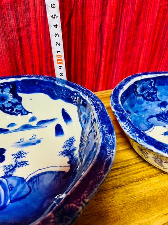 古伊万里　山水染付　メダカ鉢　骨董　ベロ藍　組鉢　2点