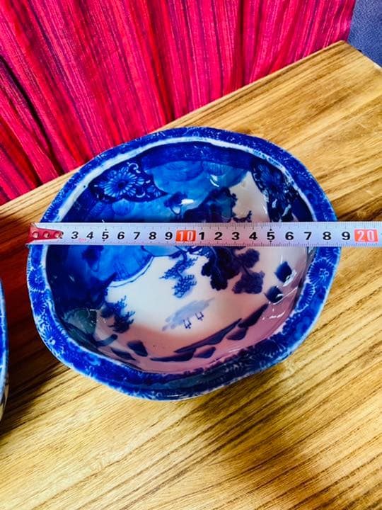 古伊万里　山水染付　メダカ鉢　骨董　ベロ藍　組鉢　2点