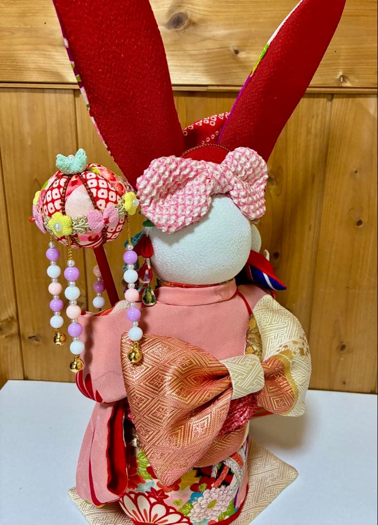 【うさぎの創作人形】耳長うさぎ　ちりめん細工　縮緬細工　うさぎの置物　和風うさぎ