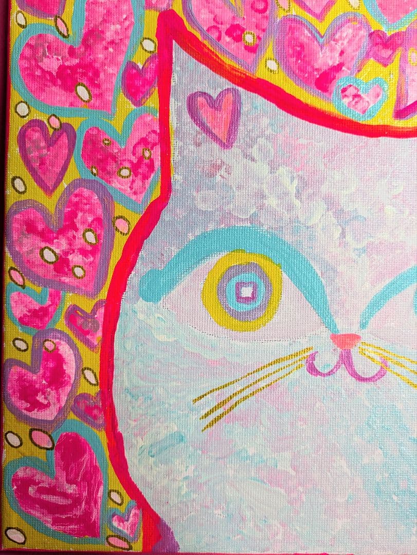 【ハートいっぱい白猫さん】F3キャンバス 絵画　猫絵　白猫　猫　イラスト