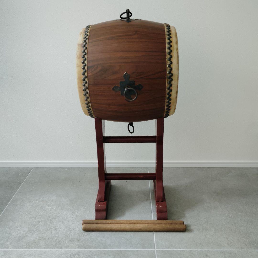 和太鼓 長胴 一尺 φ30cm 木製皮張 鉄製取手4箇所 撥 台付セット