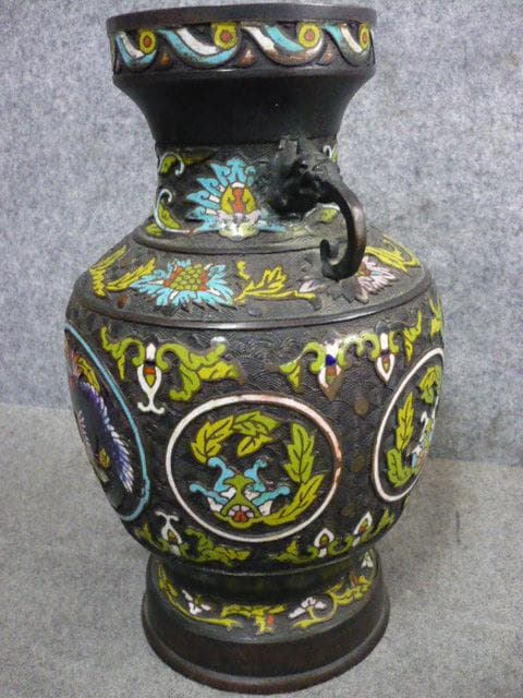 古銅七宝丸文に鳳凰図花瓶 [B31553]