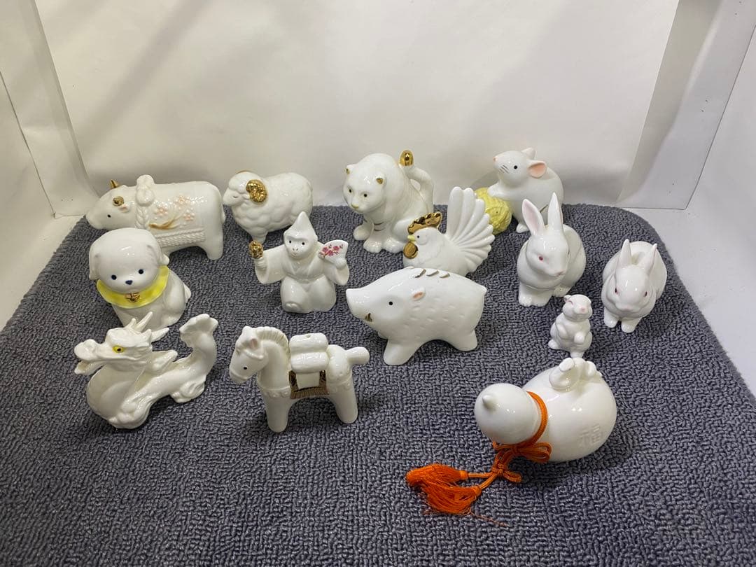 陶器製ホワイト動物置物12点セット