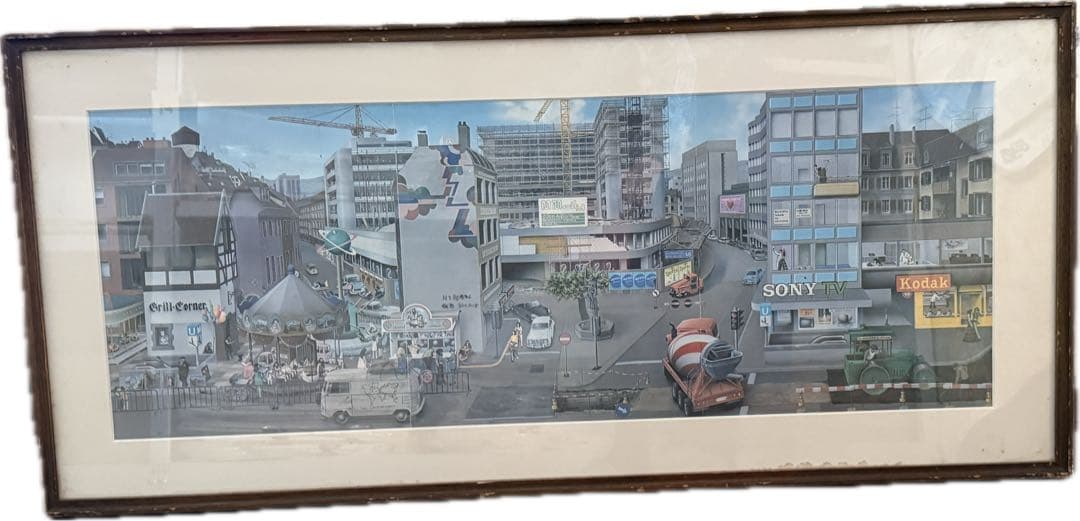 ヨルグミュラー 都市風景 アートポスター 額入　ヴィンテージ　1969