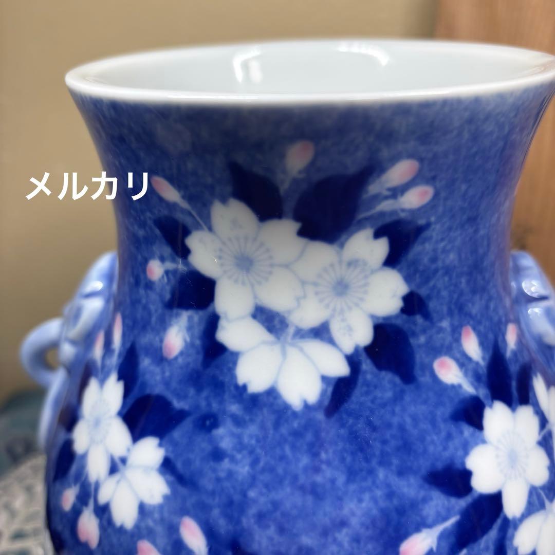 深川製磁　高級美術　深川謹製　花瓶　桜　獅子耳付き　木箱入り