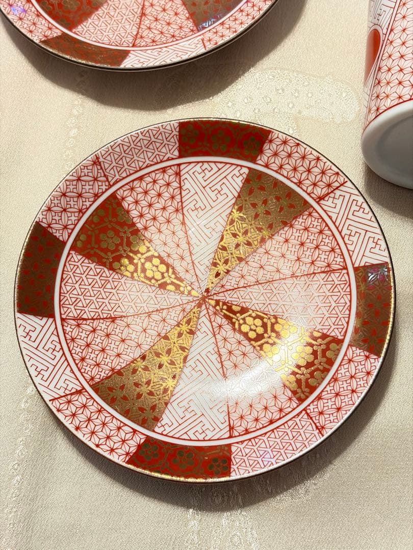 新品同様 【小皿５枚】九谷焼 青郊窯 3号 皿揃 赤絵金襴手 陶器 小皿 豆皿