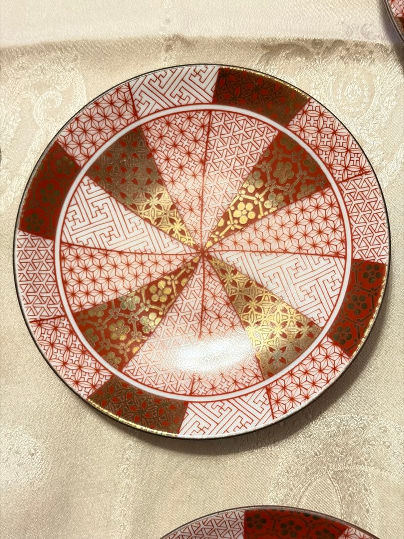 新品同様 【小皿５枚】九谷焼 青郊窯 3号 皿揃 赤絵金襴手 陶器 小皿 豆皿