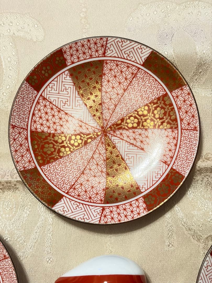 新品同様 【小皿５枚】九谷焼 青郊窯 3号 皿揃 赤絵金襴手 陶器 小皿 豆皿