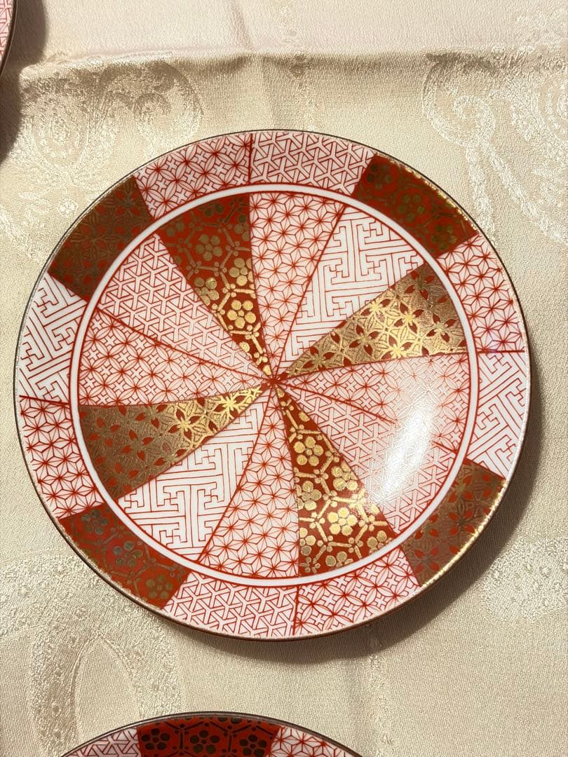 新品同様 【小皿５枚】九谷焼 青郊窯 3号 皿揃 赤絵金襴手 陶器 小皿 豆皿