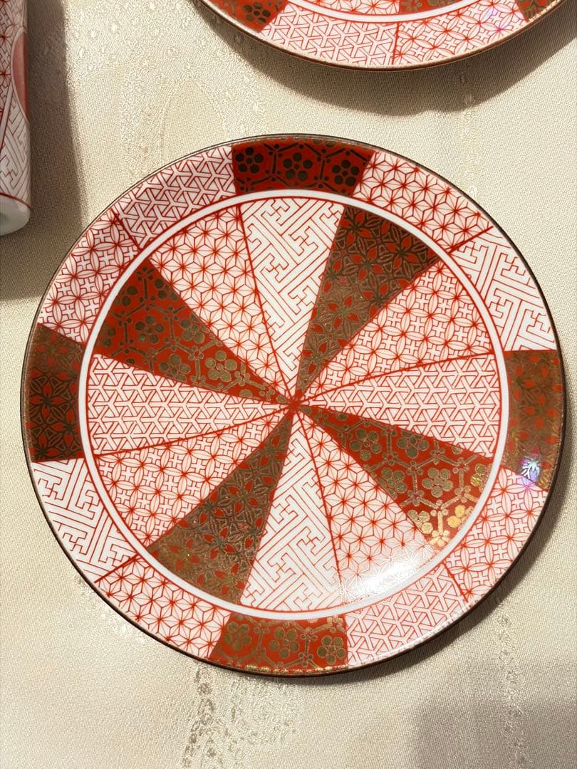 新品同様 【小皿５枚】九谷焼 青郊窯 3号 皿揃 赤絵金襴手 陶器 小皿 豆皿