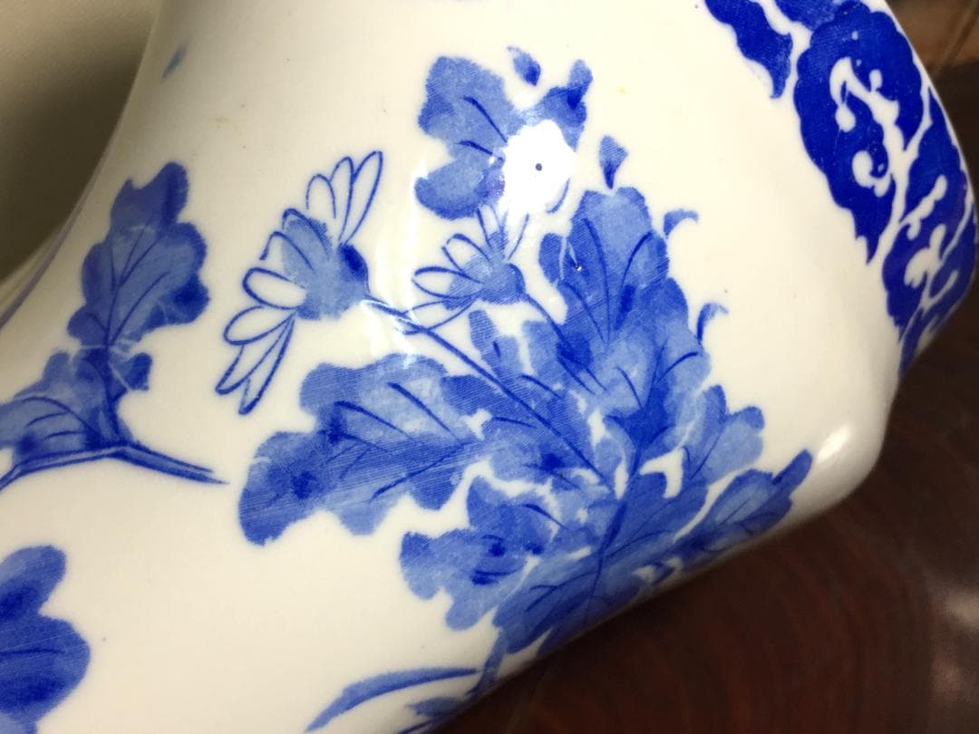 実用品 陶枕 梅図 染付 福寿 陶器製 中国古玩