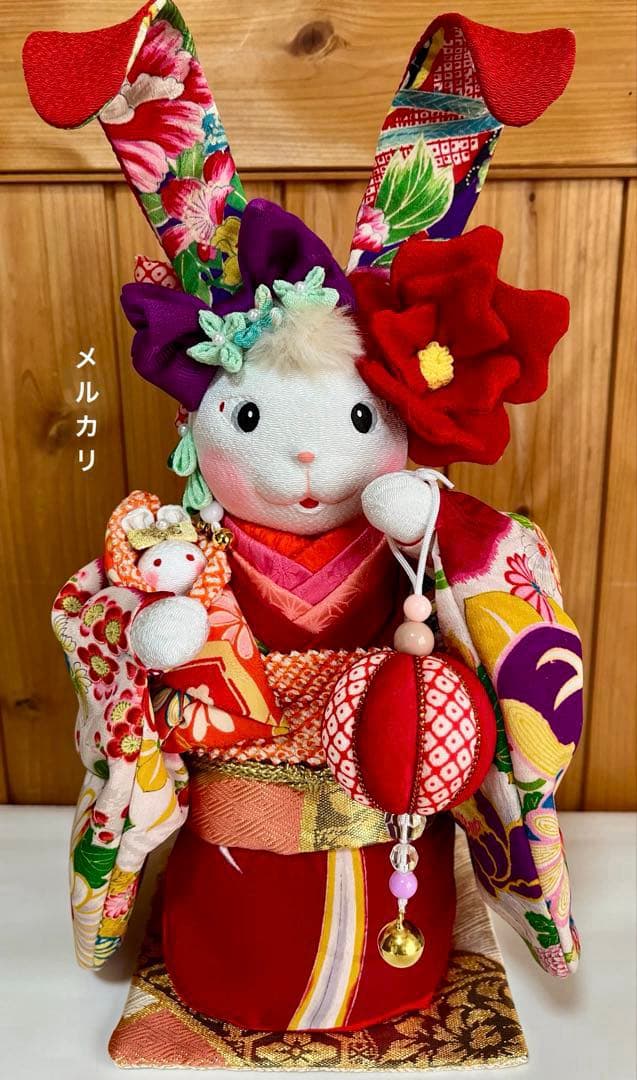 ㉕【うさぎの創作人形】　耳長ウサギ　ちりめん細工　縮緬細工　和雑貨　うさぎの置物