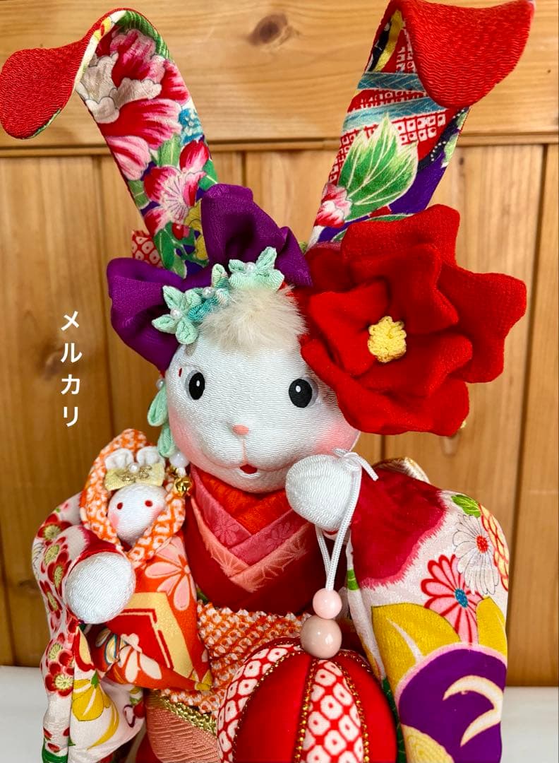 ㉕【うさぎの創作人形】　耳長ウサギ　ちりめん細工　縮緬細工　和雑貨　うさぎの置物