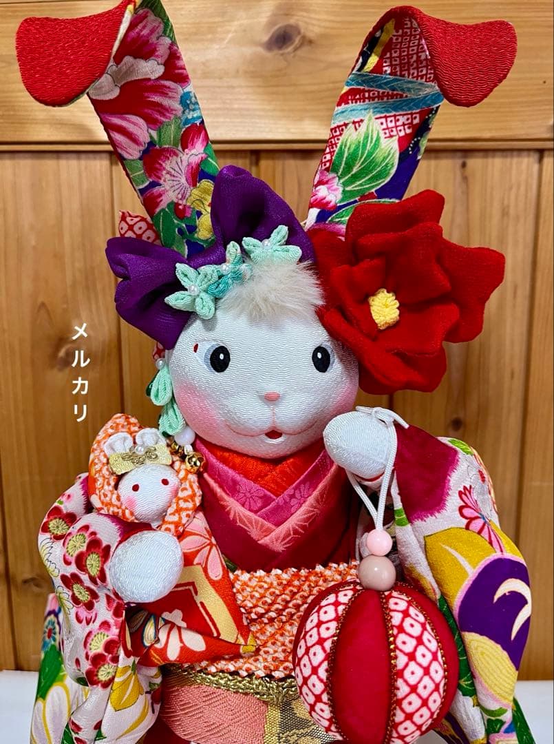 ㉕【うさぎの創作人形】　耳長ウサギ　ちりめん細工　縮緬細工　和雑貨　うさぎの置物