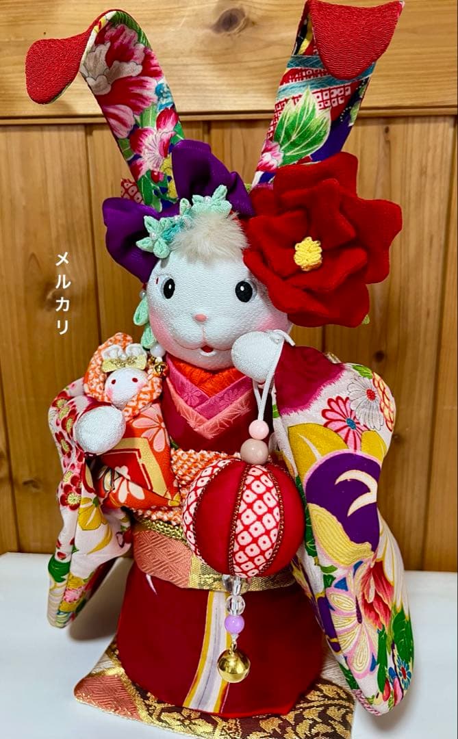 ㉕【うさぎの創作人形】　耳長ウサギ　ちりめん細工　縮緬細工　和雑貨　うさぎの置物