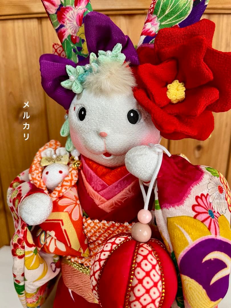 ㉕【うさぎの創作人形】　耳長ウサギ　ちりめん細工　縮緬細工　和雑貨　うさぎの置物