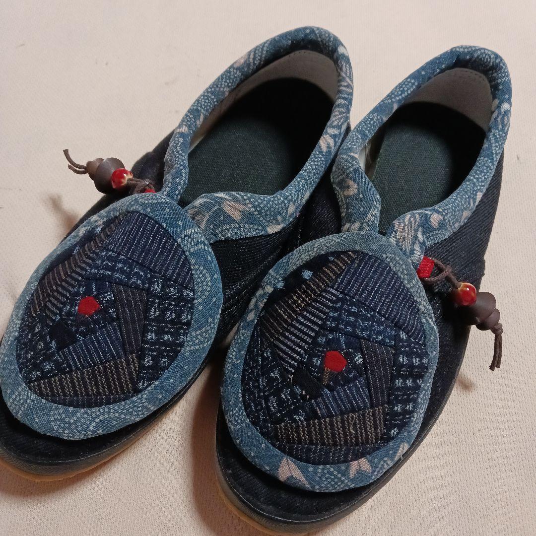 古布リメイク～型染め書生絣縞古布リメイク足袋シューズ25、5cm