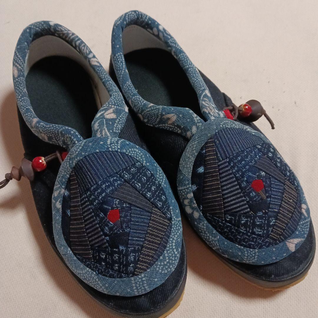 古布リメイク～型染め書生絣縞古布リメイク足袋シューズ25、5cm
