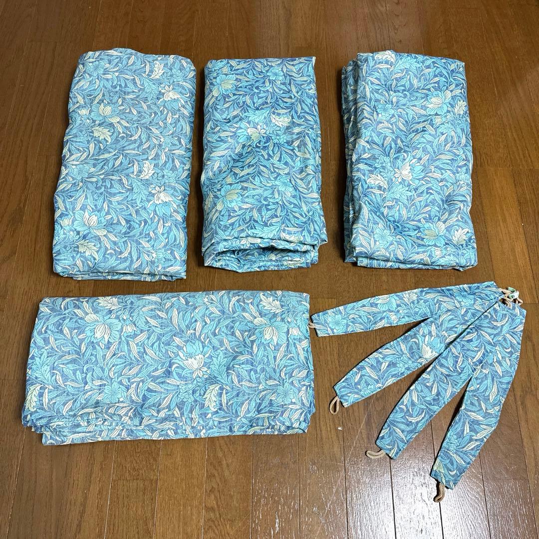 サンゲツ　オーダーカーテン　4枚　花柄　水色　タッセル付き