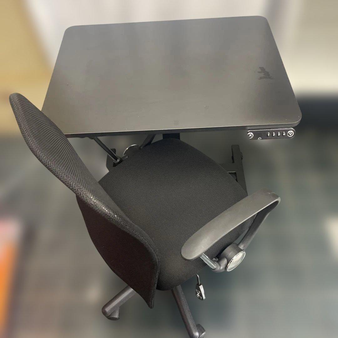 電動式高さ調整パソコンデスク 黒 イスセット