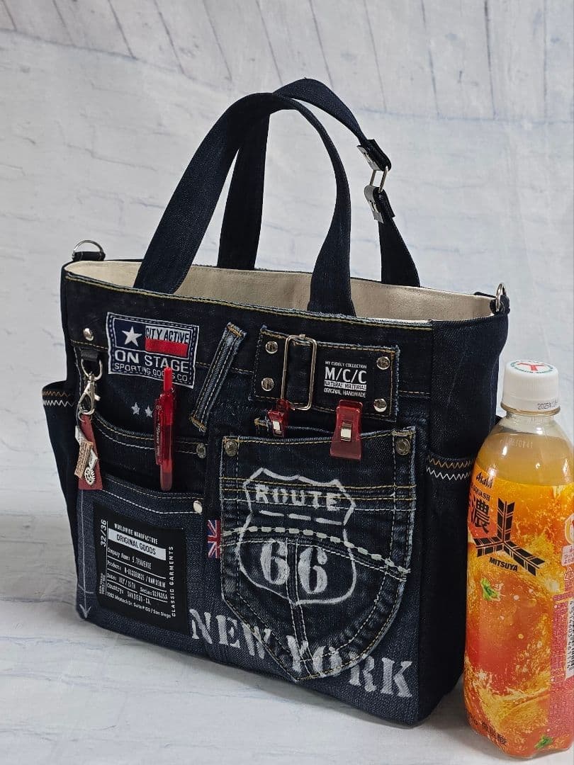 デニムリメイクトートバッグ お洒落カジュアル インディゴブルー底板付き