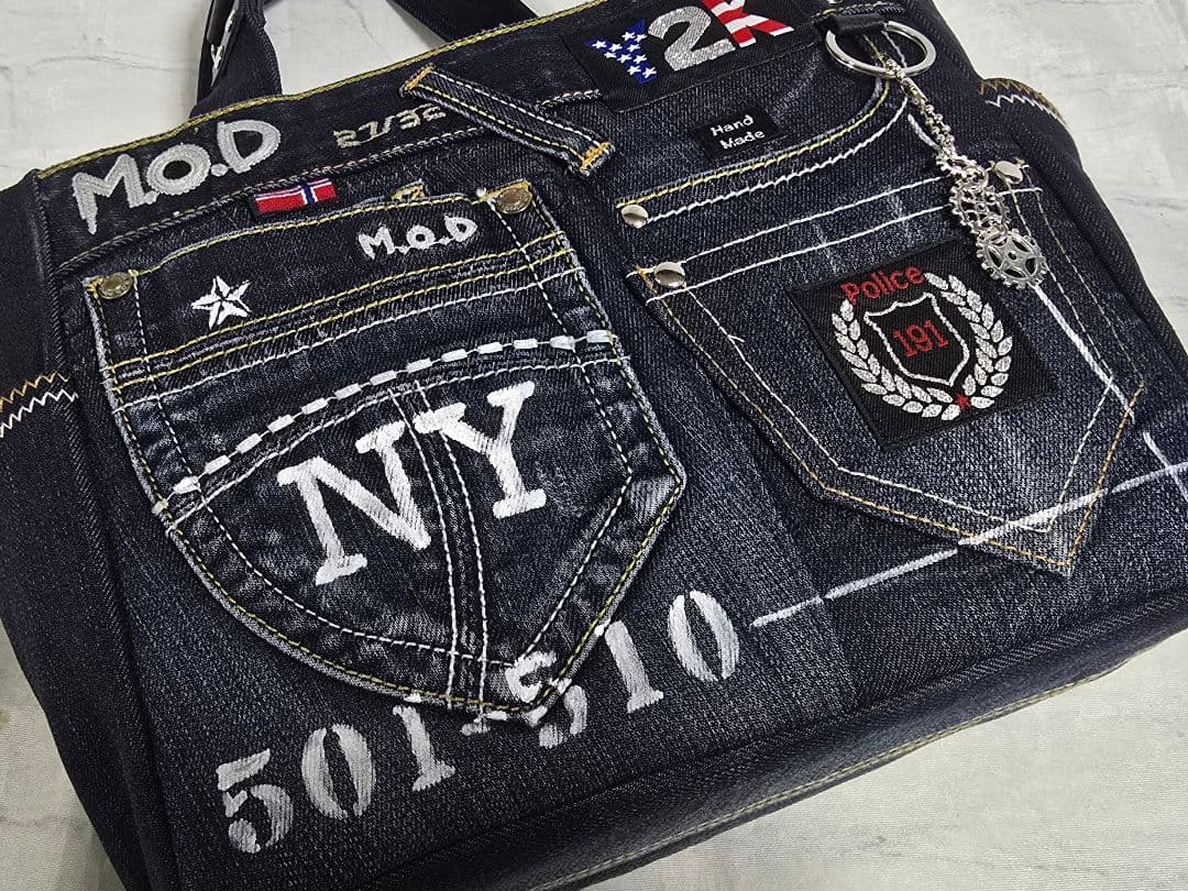 デニムリメイクトートバッグ お洒落カジュアル インディゴブルー底板付き