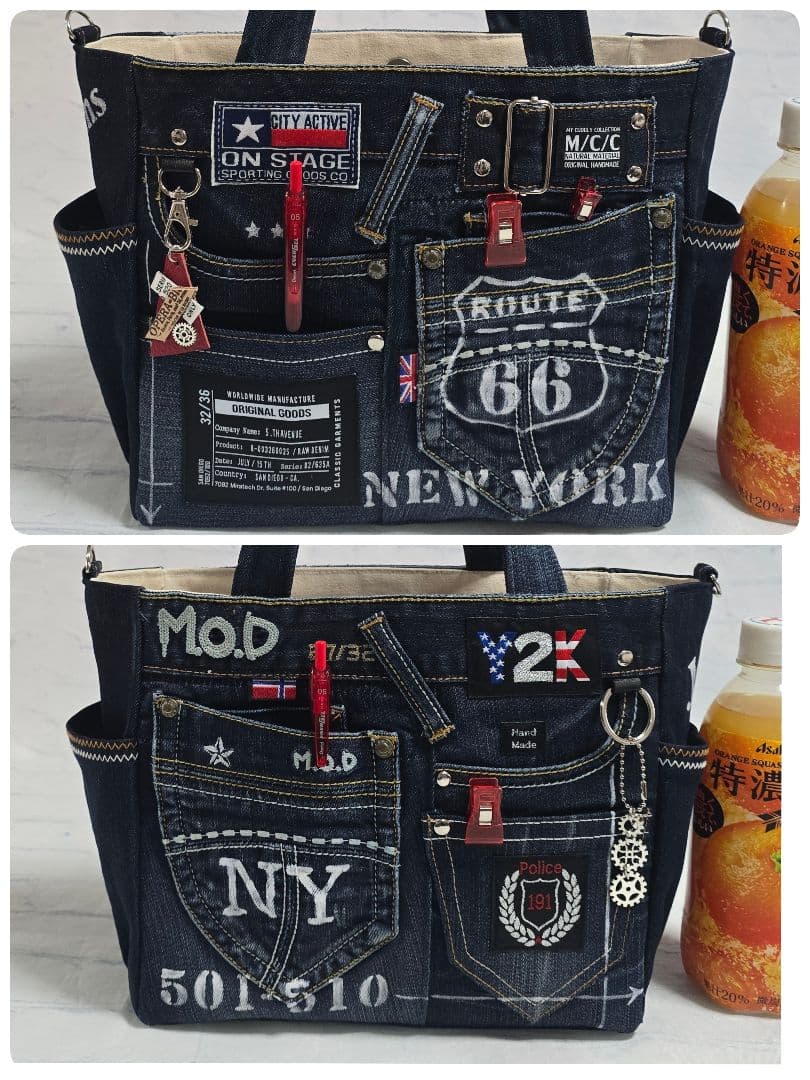 デニムリメイクトートバッグ お洒落カジュアル インディゴブルー底板付き
