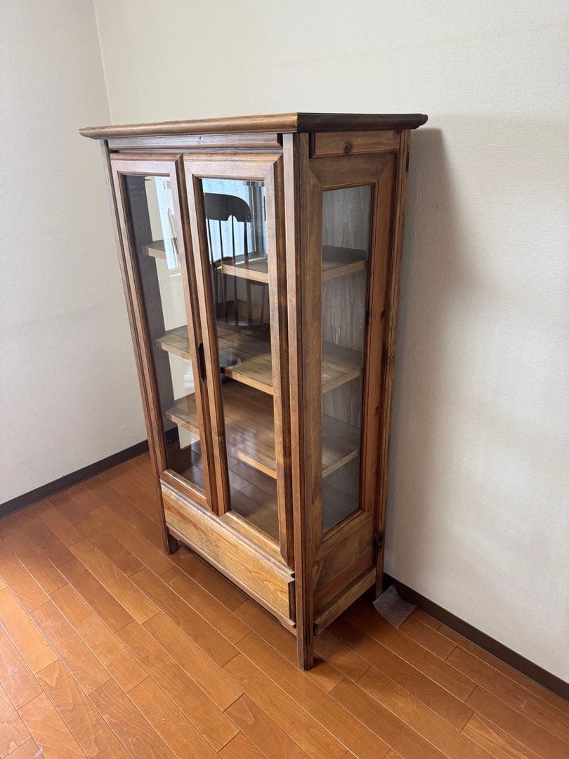 ☆アンティーク木製ブラウンキャビネット ガラス扉 4段棚と引き出し付き