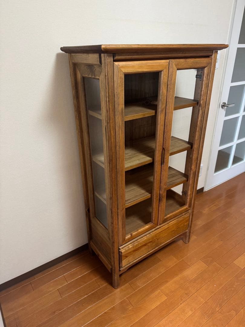 ☆アンティーク木製ブラウンキャビネット ガラス扉 4段棚と引き出し付き
