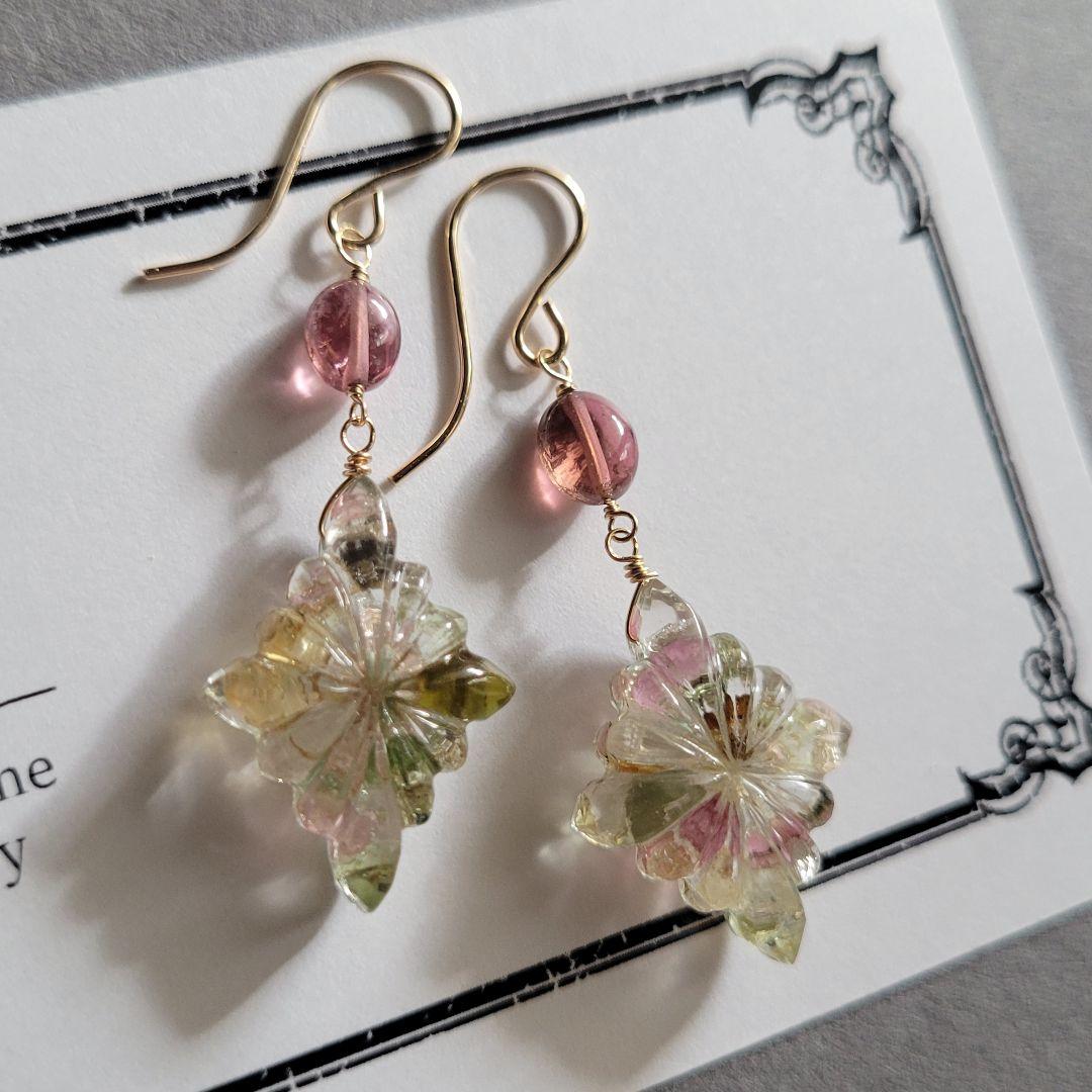 のんたん様 マルチカラートルマリン K10金箔 トリプレット ロゼンジピアス