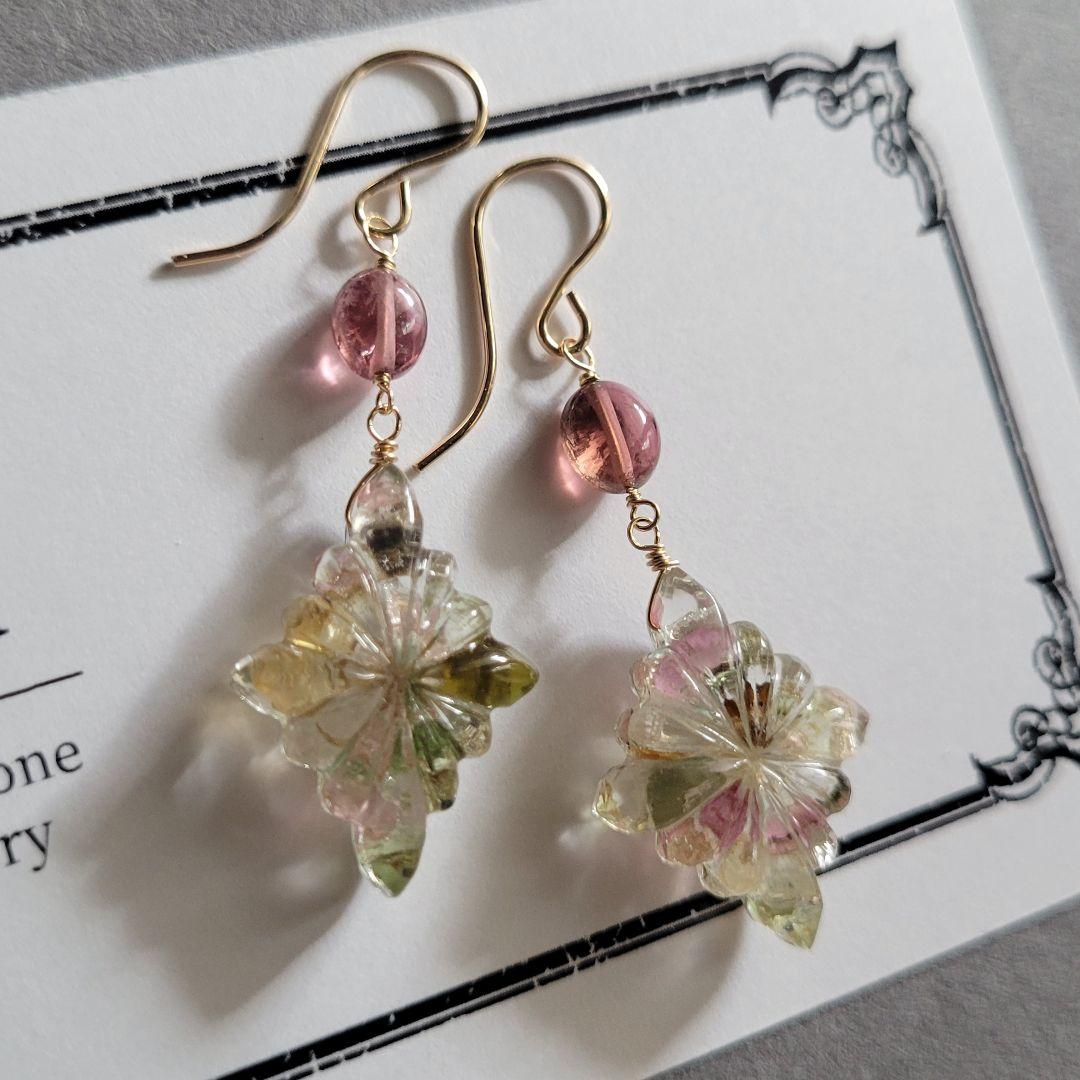 のんたん様 マルチカラートルマリン K10金箔 トリプレット ロゼンジピアス