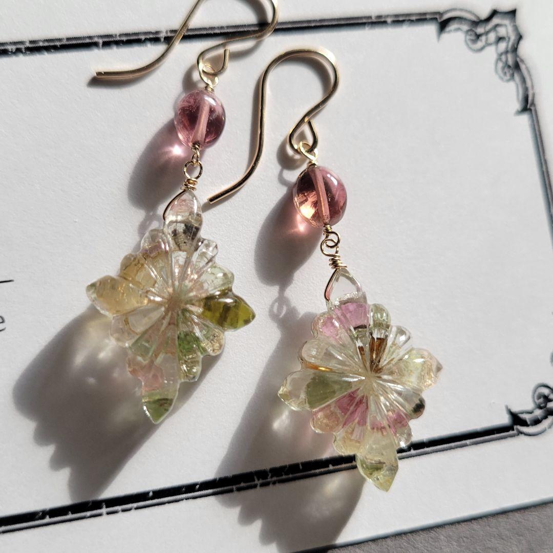 のんたん様 マルチカラートルマリン K10金箔 トリプレット ロゼンジピアス