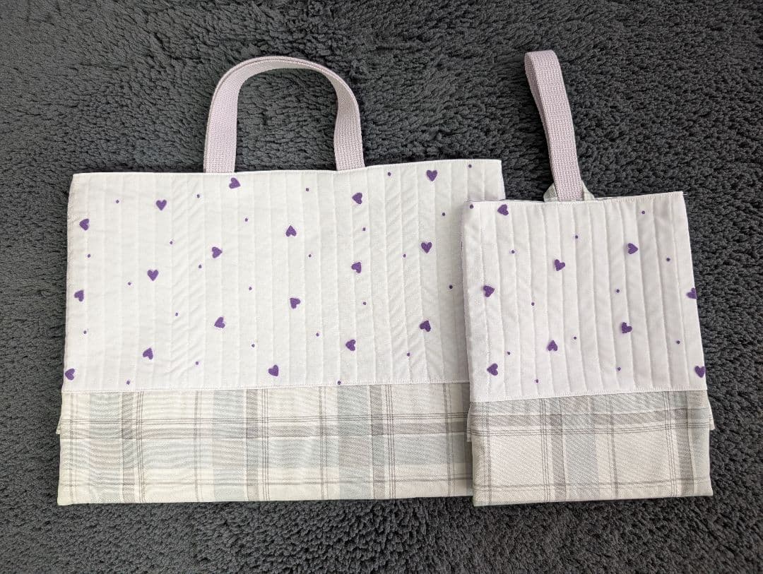 ヌビ風キルティング×ハートチュールレースフリル付きレッスン&シューズバッグセット