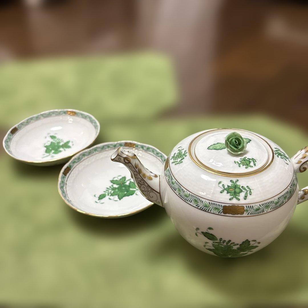 【連休お値下げ】ヘレンドアポニー グリーン ティーポット&プレート2枚セット
