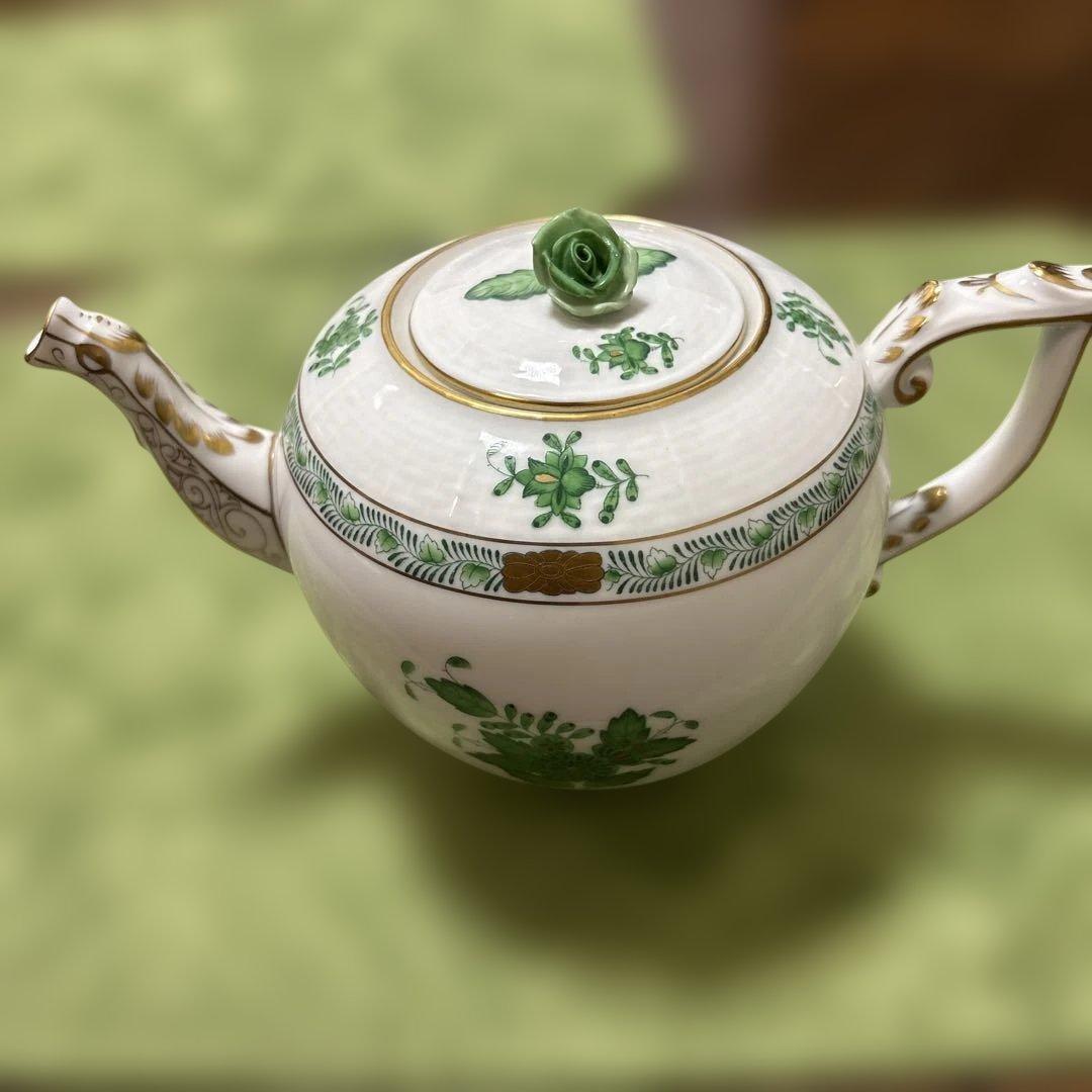 【連休お値下げ】ヘレンドアポニー グリーン ティーポット&プレート2枚セット