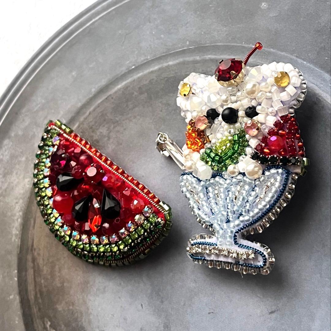 いちご しろくまかき氷 スイカ ビーズ 刺繍 ブローチ ハンドメイド