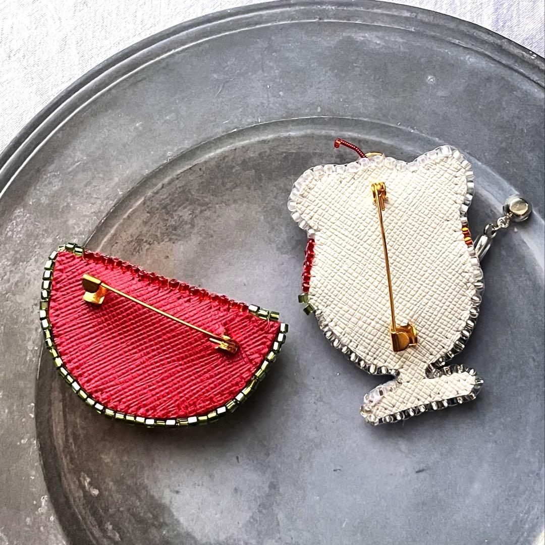 いちご しろくまかき氷 スイカ ビーズ 刺繍 ブローチ ハンドメイド